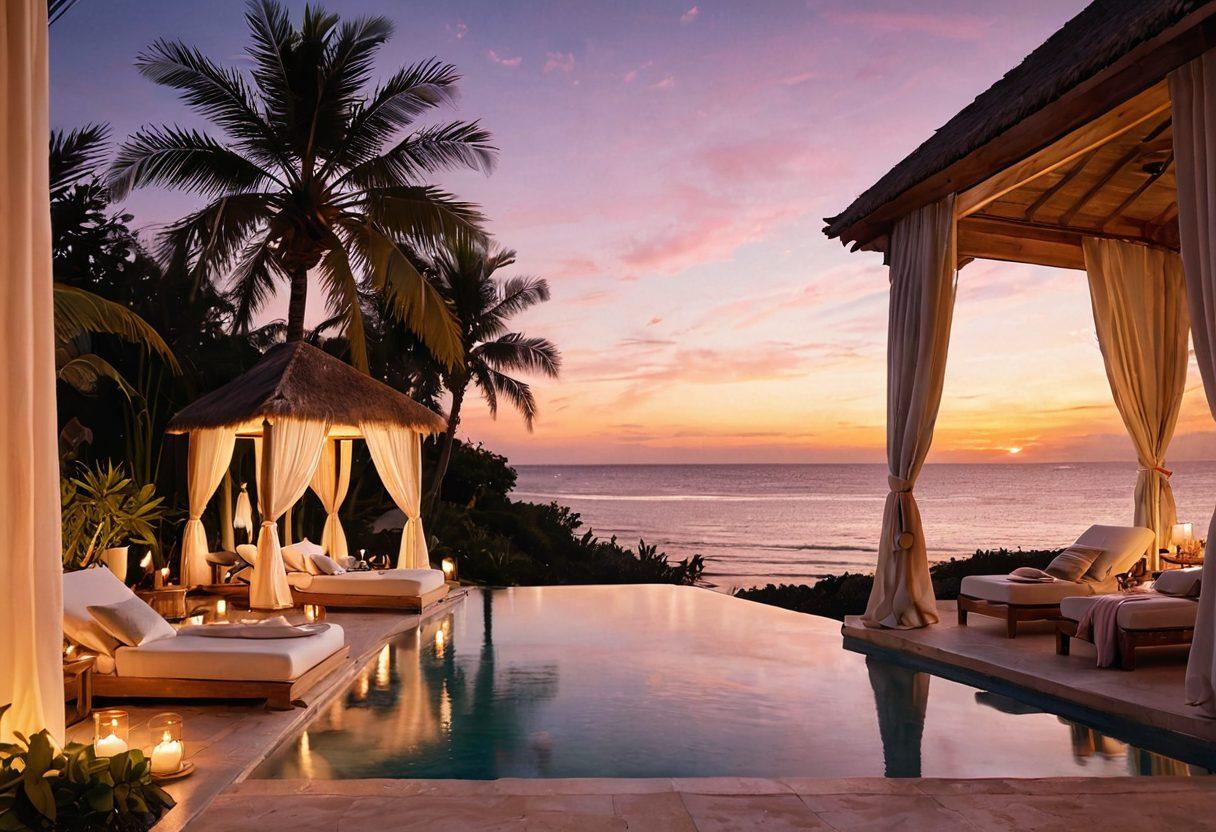 A serene beach landscape showcasing a luxurious resort with private cabanas, a tranquil infinity pool overlooking the ocean, and lush palm trees swaying in the gentle breeze. In the foreground, a couple enjoys a wellness retreat session, surrounded by aromatic candles and soft fabric curtains. The sky is painted with soft pastel colors during sunset, evoking a sense of peace and relaxation. vibrant colors. super-realistic.