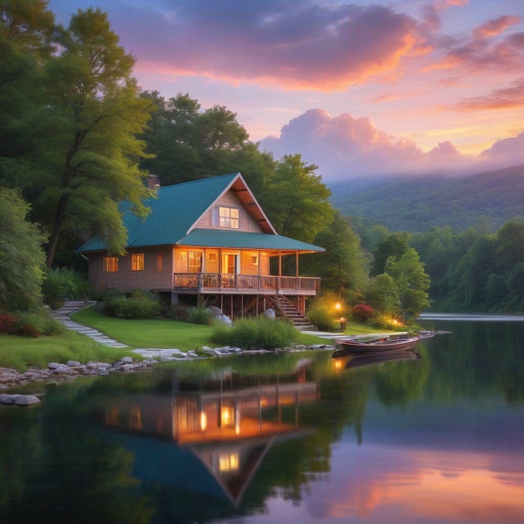 A tranquil landscape showcasing a cozy inn surrounded by lush greenery, with a serene lodge nestled by a calm lake reflecting the sunset. Include warm, inviting lights from the inn's windows and a hammock strung between two trees. Add people enjoying various leisure activities, such as reading and canoeing, to evoke relaxation. Illustrate soft pastels in the sky and vibrant colors in nature. painting. vibrant colors. soft lighting.