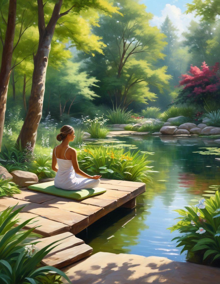 A serene wellness retreat scene featuring a tranquil spa surrounded by lush greenery, with a person meditating by a peaceful pond. Soft sunlight filtering through the trees creates a calming atmosphere, and luxurious wellness amenities like outdoor yoga mats and herbal tea stations are subtly integrated. Include elements of nature such as flowers and gentle water flows to enhance relaxation. painting. vibrant colors. natural lighting.